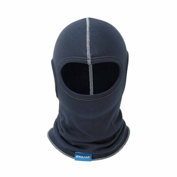Navy blizzard thermal balaclava with grey stitching and mesh ear area.