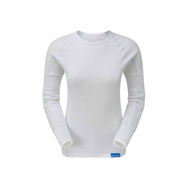 Back view of White long sleeve ladies blizzard thermal top with grey stitching.