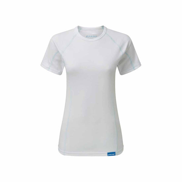 Back view of White short sleeve ladies blizzard thermal top with grey stitching.