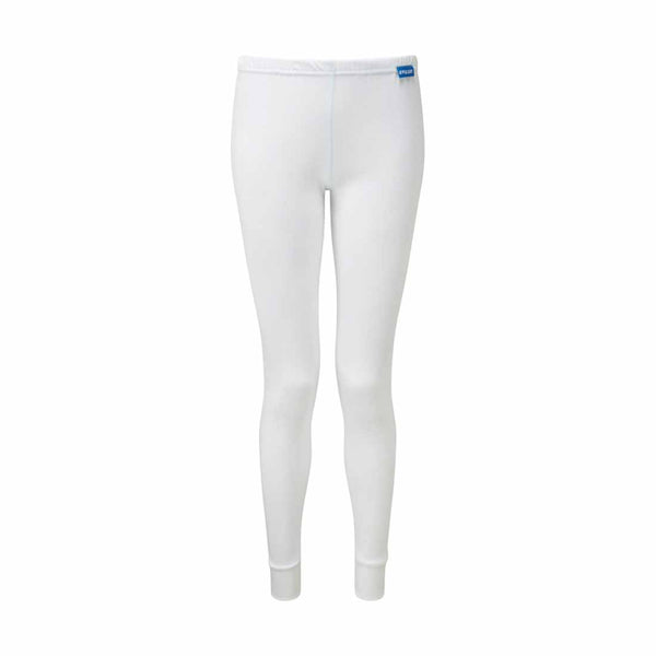 White thermal ladies long blizzard pants with grey stitching.