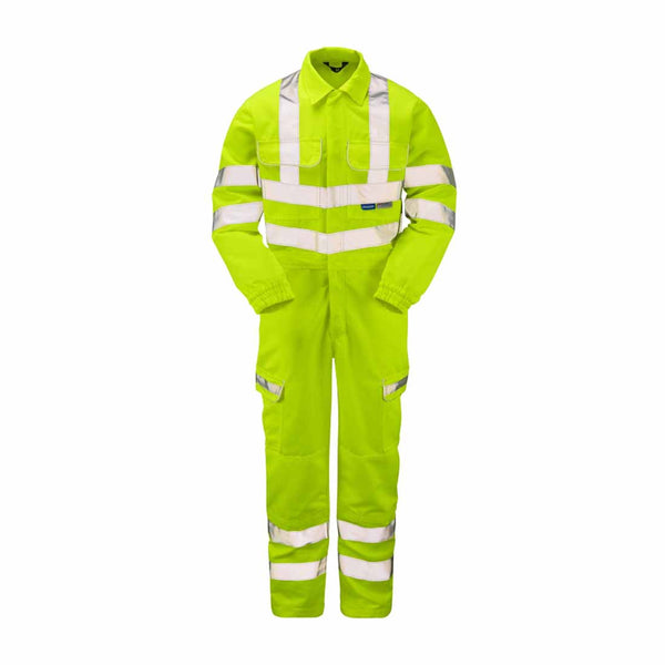 Yellow Hi Vis combat coverall with hi vis bands on the waist, shoulders, arms, lower legs and pockets, Coverall has chest and cargo style pokcets.