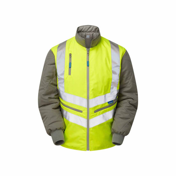Yellow hi vis interactive bodywarmer jacket with hi vis bands around the shoulders and waist with grey quilted detachable arms zip fasten as well as lower and chest pockets.