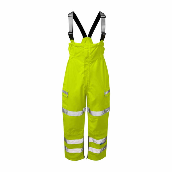 Yellow Hi Vis waterproof salopette with hi vis bands on the pockets, knees and ankles with shoulder straps which are hi vis too.