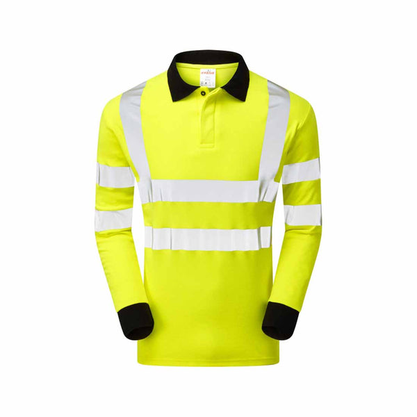 Yellow hi vis flame and arc resistant long sleeve polo shirt with hi vis bands on the shoulders and waist with a navy collar and navy arm lower.