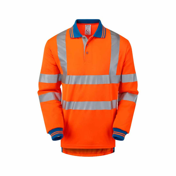 Orange Rail Spec hi vis long sleeve cut resistant polo shirt with hi vis bands on the shoulders and waist with a blue collar and blue arm lower.