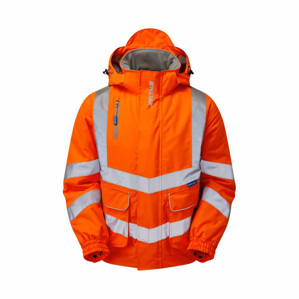 Orange Rail Spec hi vis jacket with hi vis bands around the shoulders, waist, arms and lower of the jacket and chest pocket.