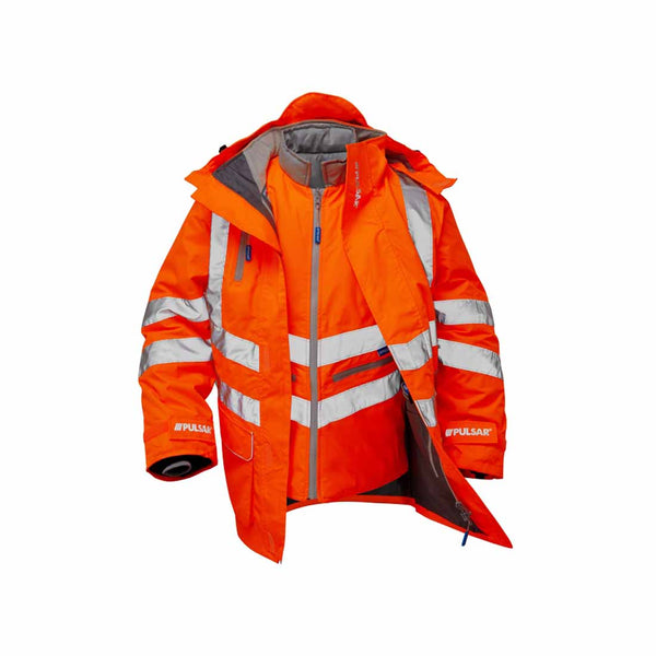 Orange Rail Spec hi vis jacket with hi vis bands around the shoulders, waist, arms and lower of the jacket, with a protective hood and chest pocket, jacket is open showing many of the 7 layers.