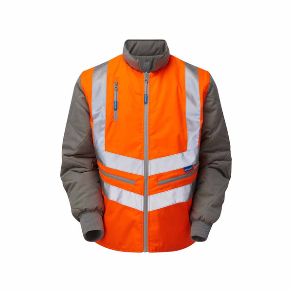 Orange Rail Spec hi vis interactive bodywarmer jacket with hi vis bands around the shoulders and waist with grey quilted detachable arms zip fasten as well as lower and chest pockets.