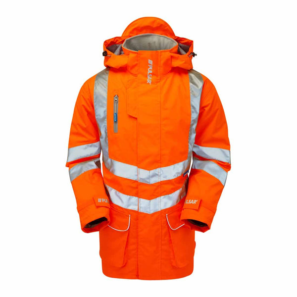 Orange Rail Spec hi vis jacket with hi vis bands around the shoulders, waist, arms and lower of the jacket, with a protective hood and chest pocket.