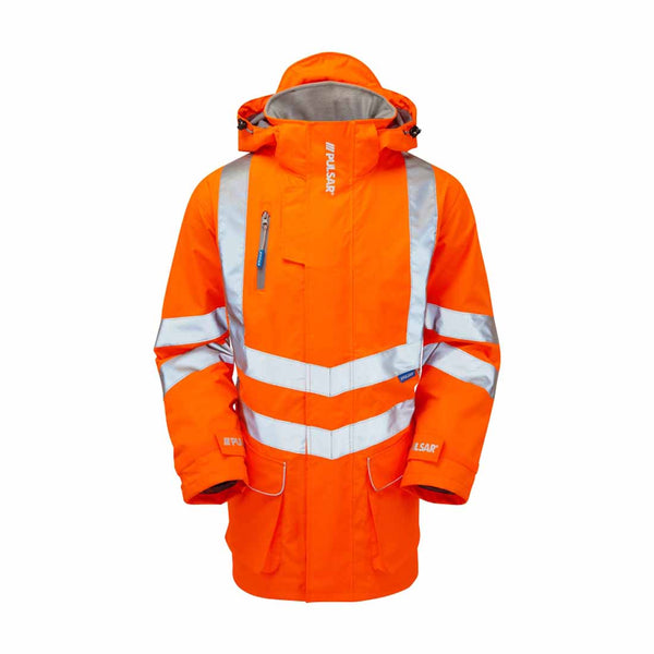 Orange Rail Spec hi vis jacket with hi vis bands around the shoulders, waist, arms and lower of the jacket, with a protective hood and chest pocket.
