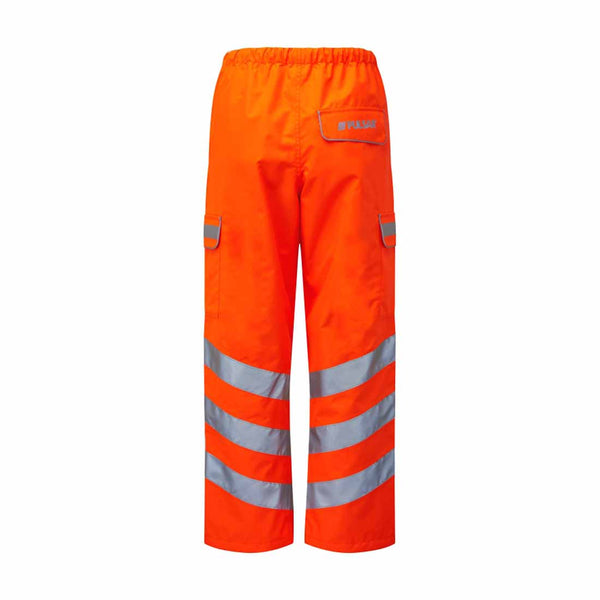 Back of Orange Rail Spec Hi vis overtrouser with hi vis bands on the ankles and pockets, trousers have side pockets and a back pocket with an elasticated waist.