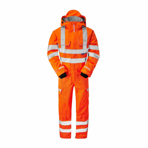 Orange Rail Spec Hi Vis waterproof combat coverall with hi vis bands on the waist, shoulders, arms, lower legs and pockets, Coverall has chest and cargo style pokcets and a protective hood.