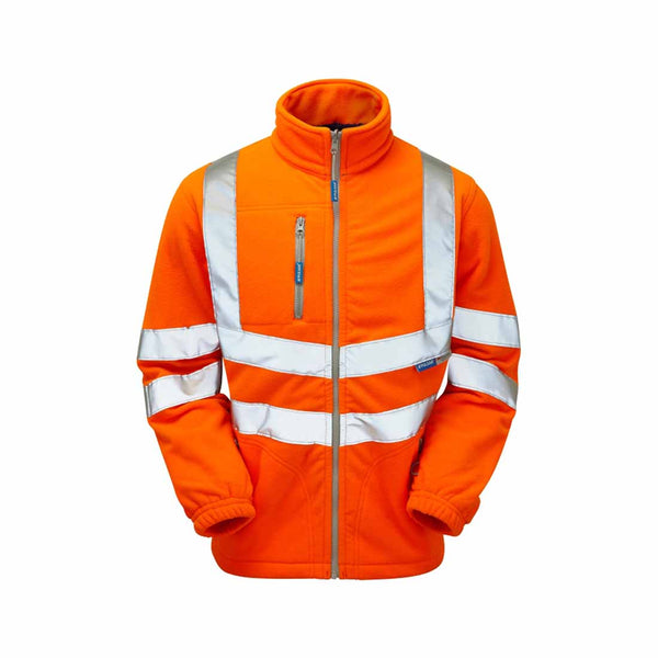 Orange Rail Spec hi vis polar fleece jacket with hi vis bands around the shoulders, waist, arms and lower of the jacket, with zip fastem amd zip pockets.