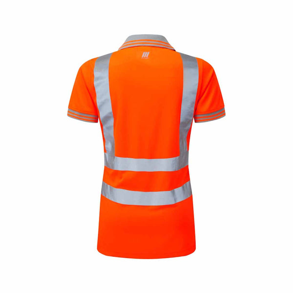 Back of Orange Rail Spec hi vis short sleeve ladies polo shirt with hi vis bands on the shoulders and waist with a grey collar and grey arm lower.
