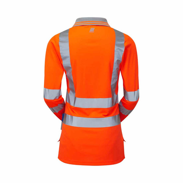 Back of Orange Rail Spec hi vis long sleeve ladies polo shirt with hi vis bands on the shoulders and waist with a grey collar and grey arm lower.