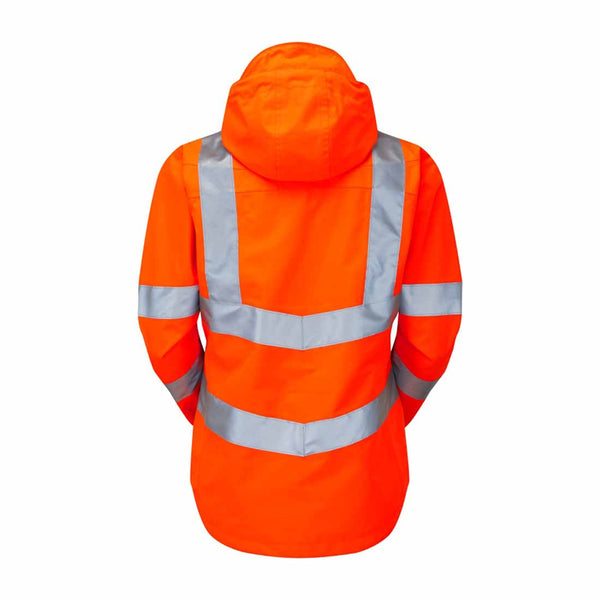 Back of Orange Ladies Rail Spec hi vis jacket with hi vis bands around the shoulders, waist, arms and lower of the jacket, with a protective hood and chest pocket.