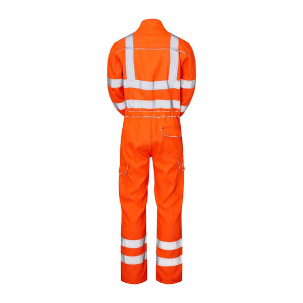 Back of Orange Rail Spec Hi Vis FR-AST ARC Combat Coverall with hi vis bands on the waist, shoulders, arms, lower legs and pockets, Coverall has chest and cargo style pokcets.