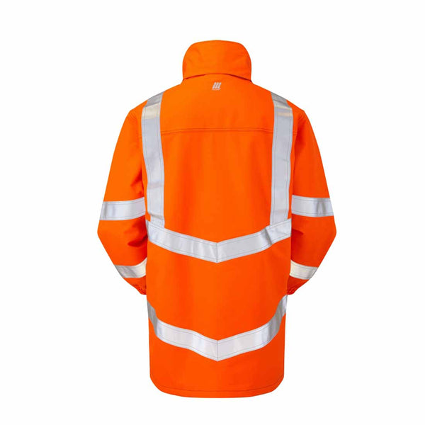 Back of Orange Rail Spec FR-AST ARC hi vis jacket with hi vis bands around the shoulders, waist, arms and lower of the jacket and a protective hood.