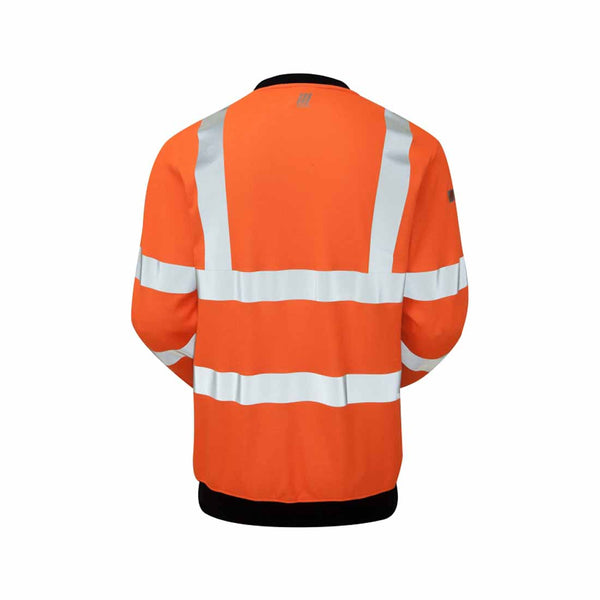 Back of Orange Rail Spec FR-AST ARC hi vis sweatshirt with hi vis bands around the shoulders and waist of the sweatshirt with navy contrast on the sleeves and neck.