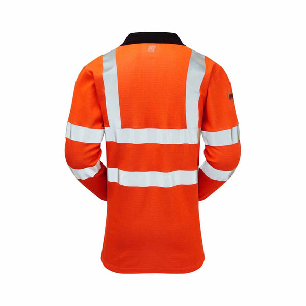 Back of Orange Rail Spec FR-AST ARC hi vis Polo Shirt with hi vis bands around the shoulders and waist of the Polo Shirt with navy contrast on the sleeves and neck.