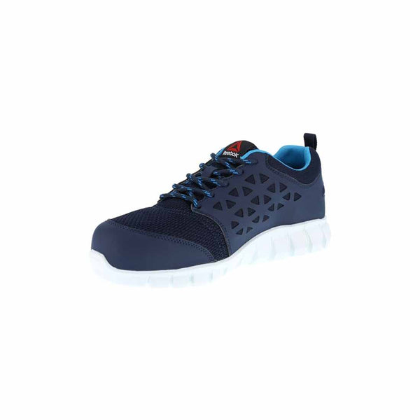 Navy Reebok excel light womens safety trainer with bluey trim a white sole upper and navy sole with reebok branding.
